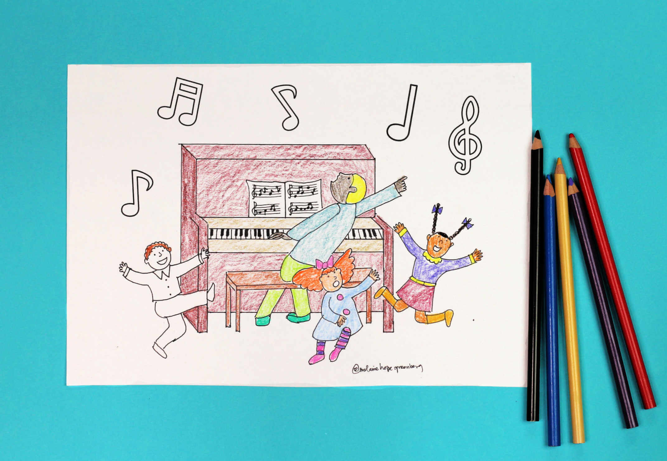 Coloring page of children dancing around the piano, alongside colored pencils.