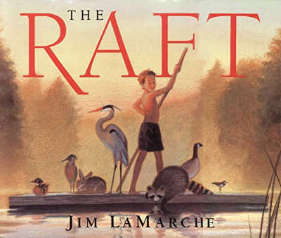 the raft book cover with boy floating on raft with assorted animals