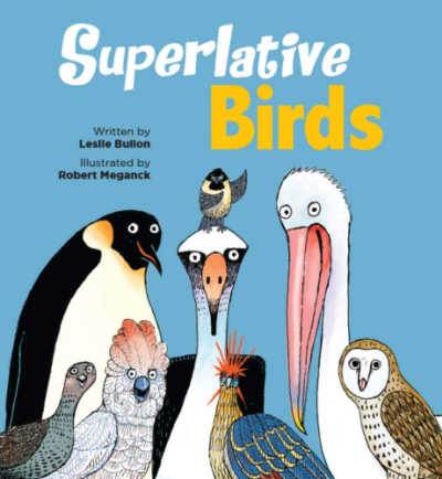 Superlative birds poem book cover with illustrated birds on blue background