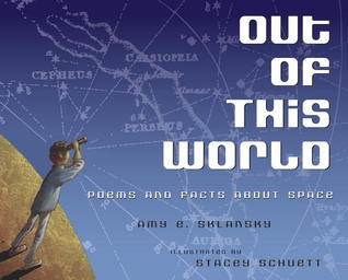 Out of this world poems book cover showing boy looking at night sky through telescope