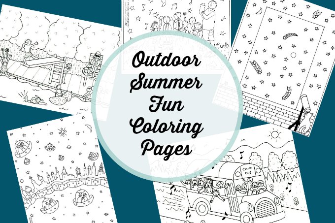 Summer fun coloring pages about camping, swimming and the night sky