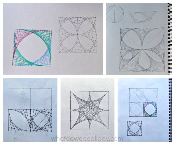 Parabolic line designs in math art project for kids. 