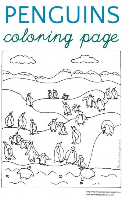 A waddle of penguins coloring page. Free printable for kids.