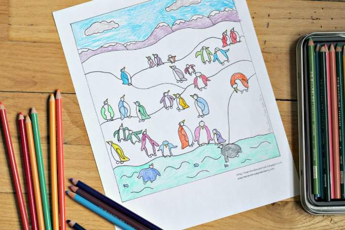 Rainbow penguins coloring page.