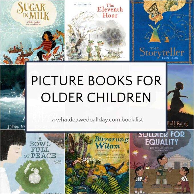 book cover collage of picture books to read to older kids