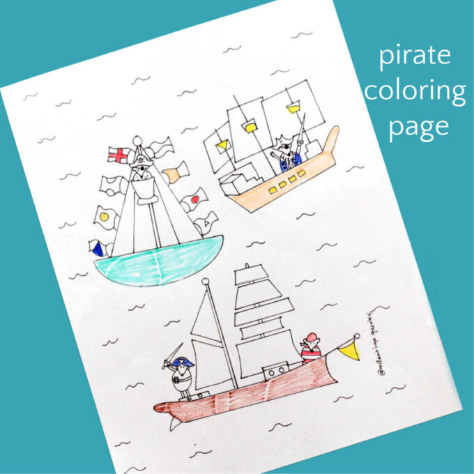 pirate coloring page with three pirate mice in three different ships