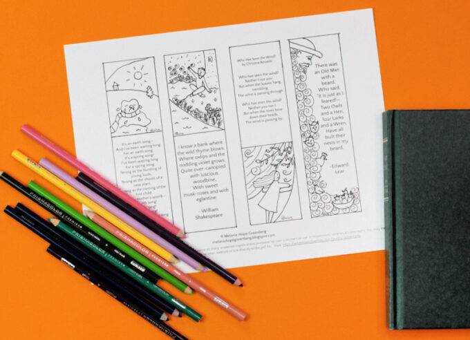 Plain poetry bookmark printable coloring page on orange background