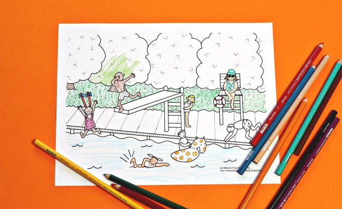 Swimming pool coloring page with colored pencils on orange background