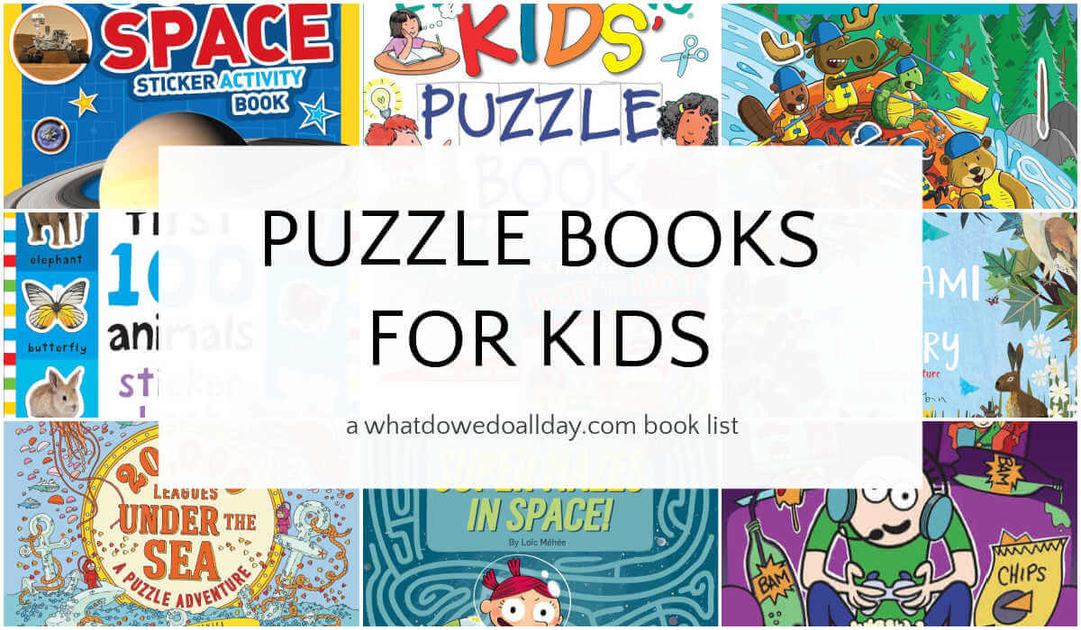 Grid of children's books with text overlay, Puzzle Books for Kids.