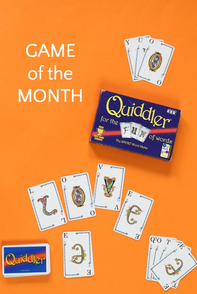 Family literacy card game Quiddler is our game of the month. 