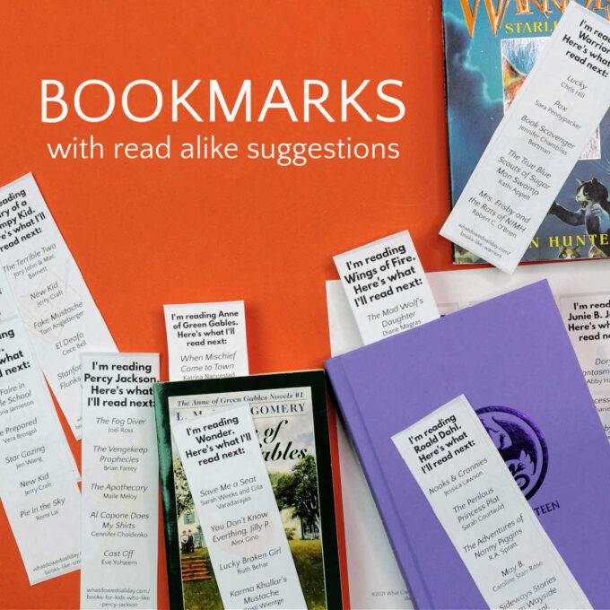 printable read alike bookmarks on orange background with books