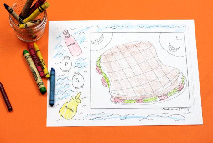 finished sandwich coloring page and crayons