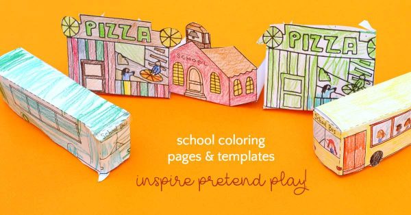 School bus coloring page and village templates
