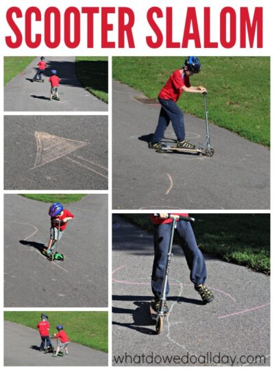 Gross motor activity for kids. Make a scooter slalom.