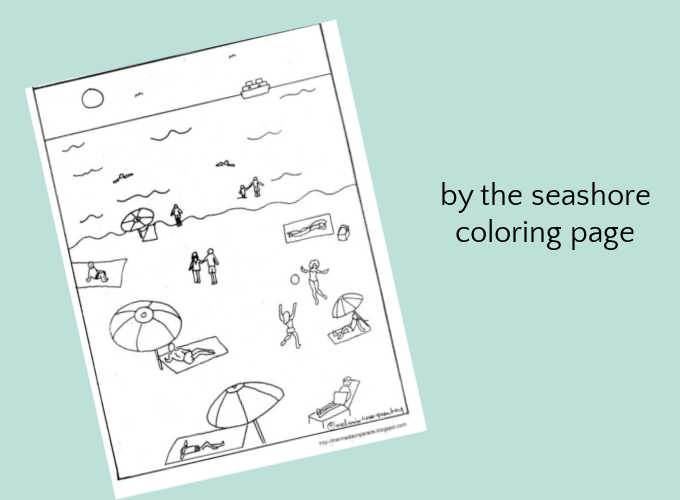 seashore coloring page on aqua background