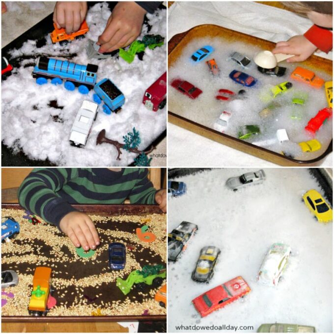 Different ways to use toy cars in sensory play.