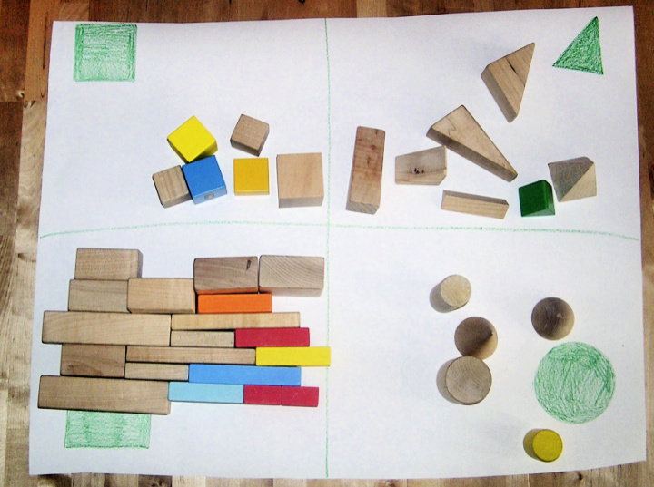 Toy blocks of all shapes on white piece of paper