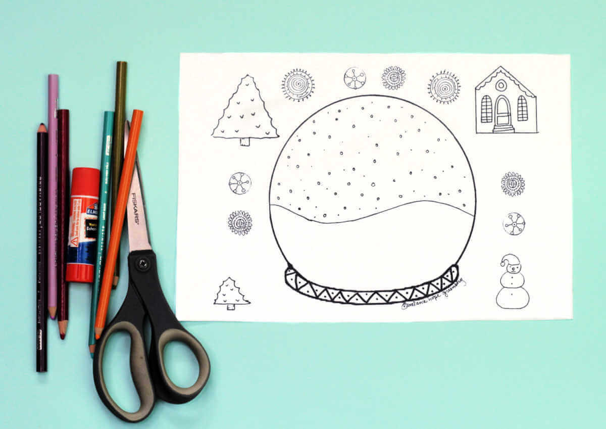 Plain snow globe coloring page, scissors, colored pencils and glue stick.