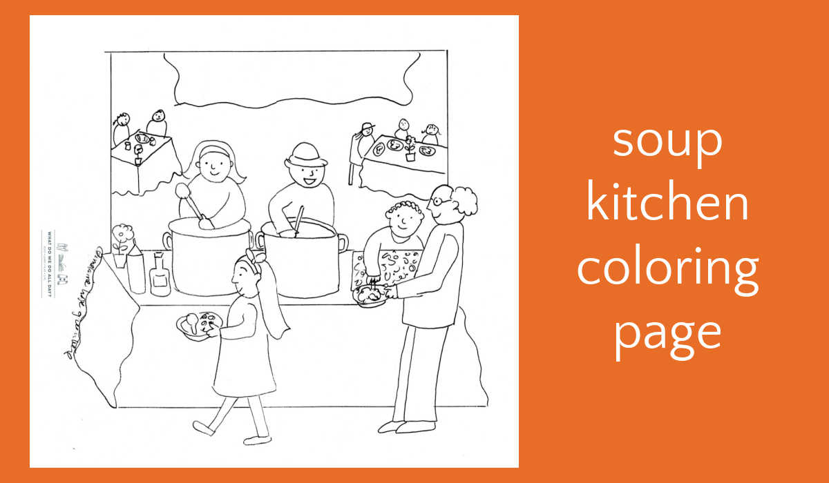 Soup kitchen coloring page on orange background