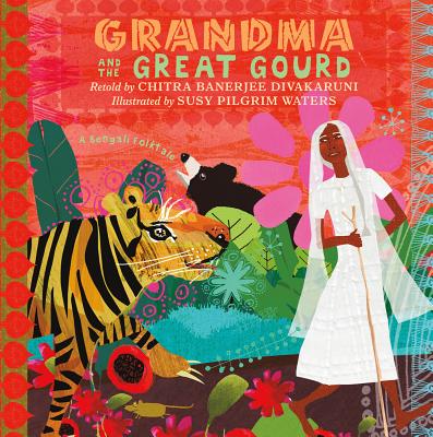 Grandma and the Great Gourd book cover with cut paper illustration of woman and tiger in jungle
