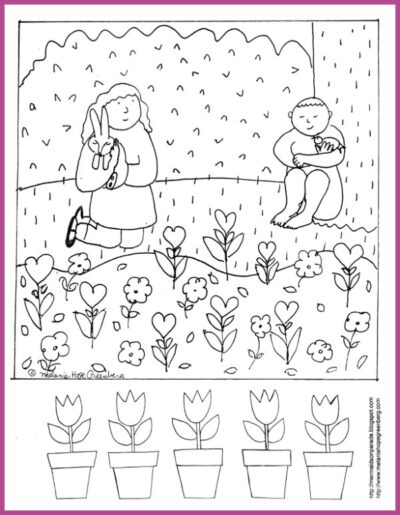 Spring coloring page for kids with garden.