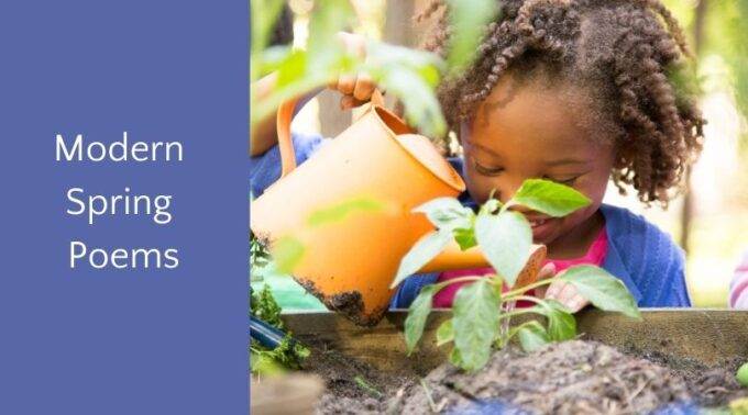 Girl watering plant with orange watering can with text modern spring poems