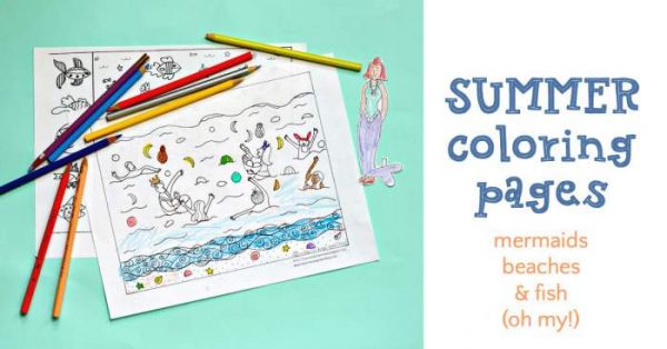 Summer solstice coloring page celebrating Mermaid Day Parade.