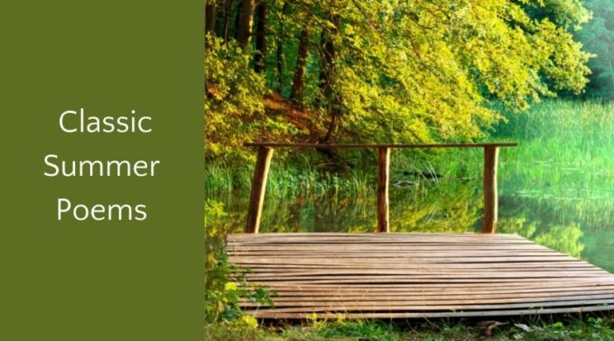 Classic summer poems and wooden dock in verdant setting