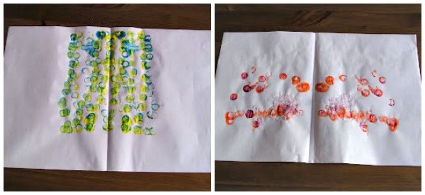 two examples of Symmetry art project for kids using dots of green, yellow, blue and orange