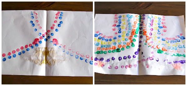 two examples Symmetry art project using dot painters to create multicolored lines of dots