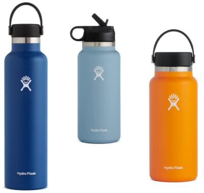 Dark blue, light blue, and orange waterbottles