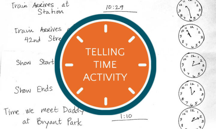 Telling time activity worksheet in background of blank clock face and text overlay