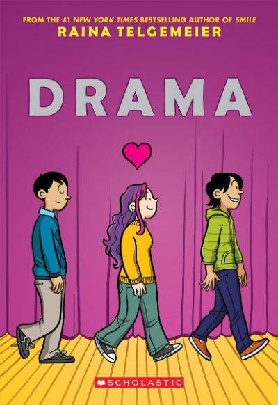 drama by raina telgemeier book cover with two boys and a girl walking on stage