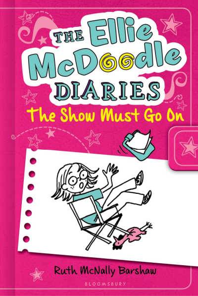 The Ellie McDoodle Diaries book The Show Must Go On pink background with girl falling out of director's chair