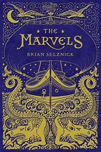 The Marvels bookcover, dark blue background with intricate gold design
