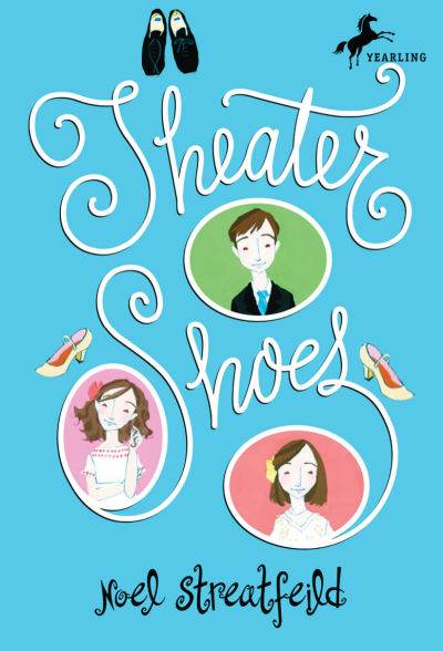 Theater Shoes book cover, blue background with three framed children and a pair of dance shoes