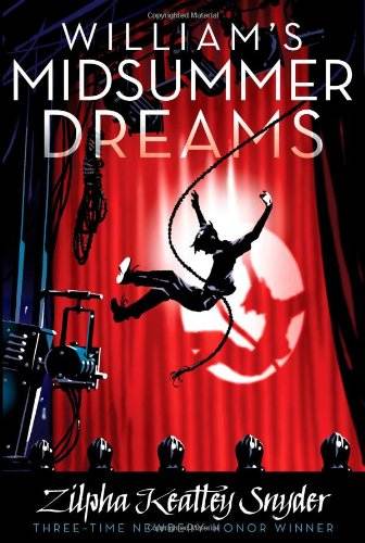 William's Midsummer Dreams book cover, boy swinging from light cord across red curtain of stage