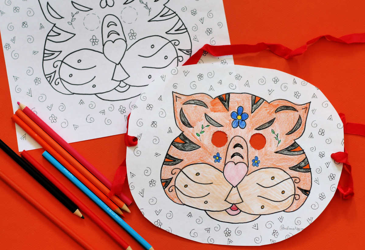 Tiger mask printable and colored pencils