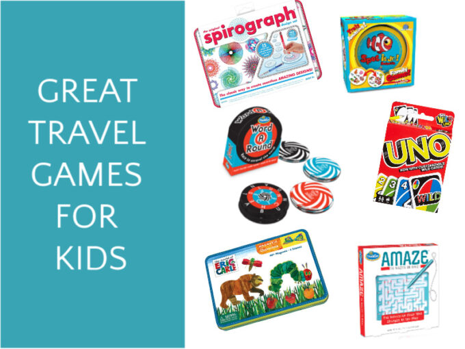 6 travel games for kids including maze, card deck, word game