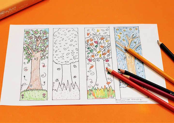 four tree bookmarks coloring page with pencils on orange paper