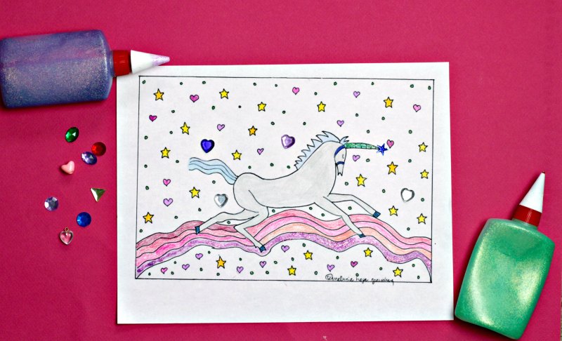 unicorn coloring page with glue