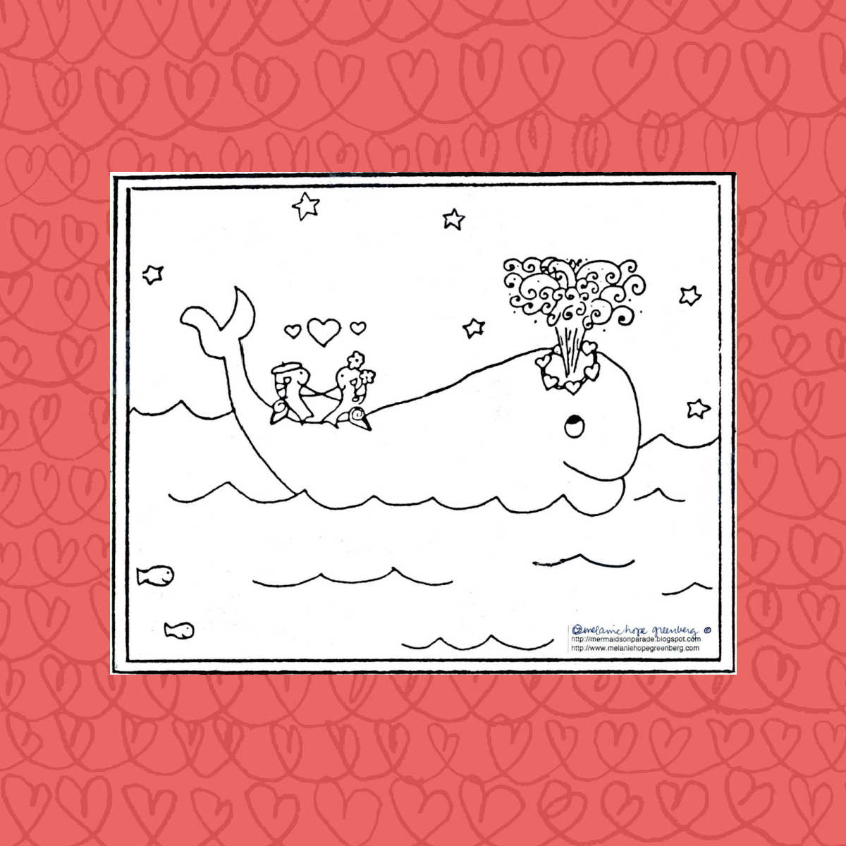 Fish and whale valentine coloring page.