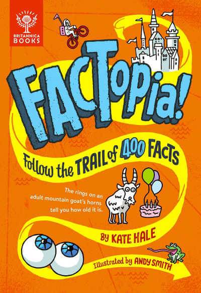 Orange book cover of Factopia with yellow swish