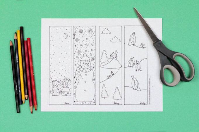blank winter bookmark coloring page with scissors and pencils