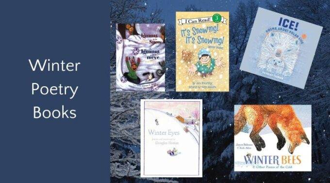 winter poetry books for children book covers on snowy background