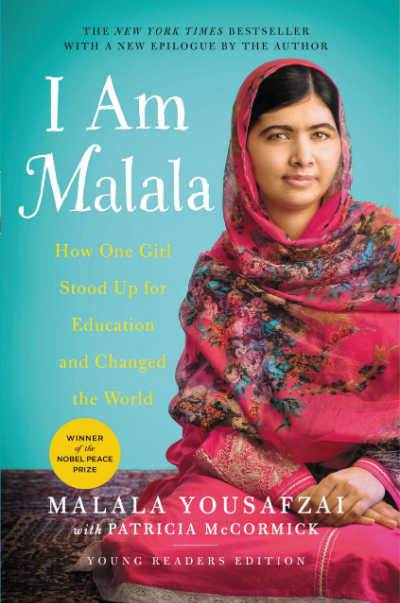 I Am Malala book cover showing girl in pink hijab against blue background