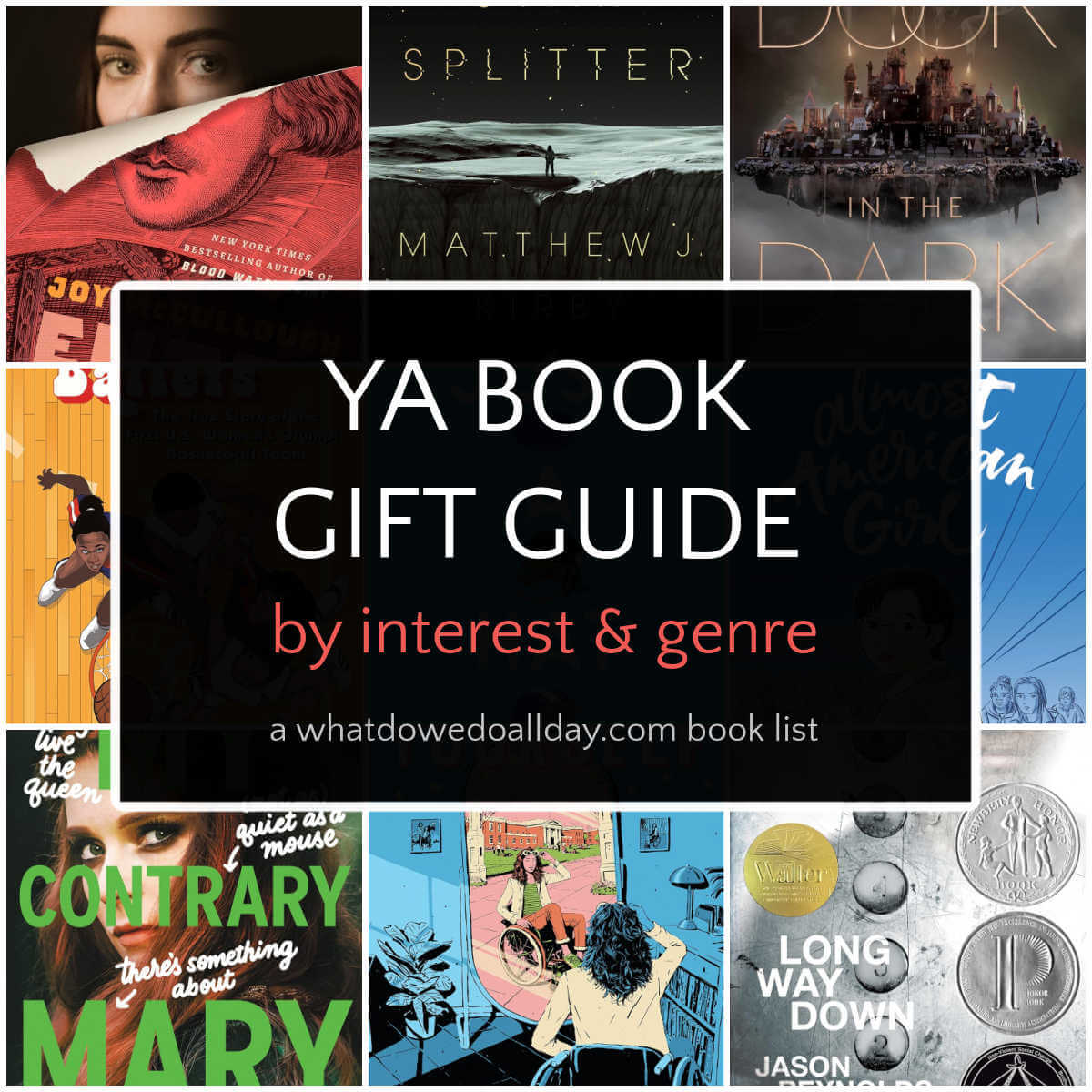 Collage of books with text overlay, YA Book Gift Guide by interest & genre.